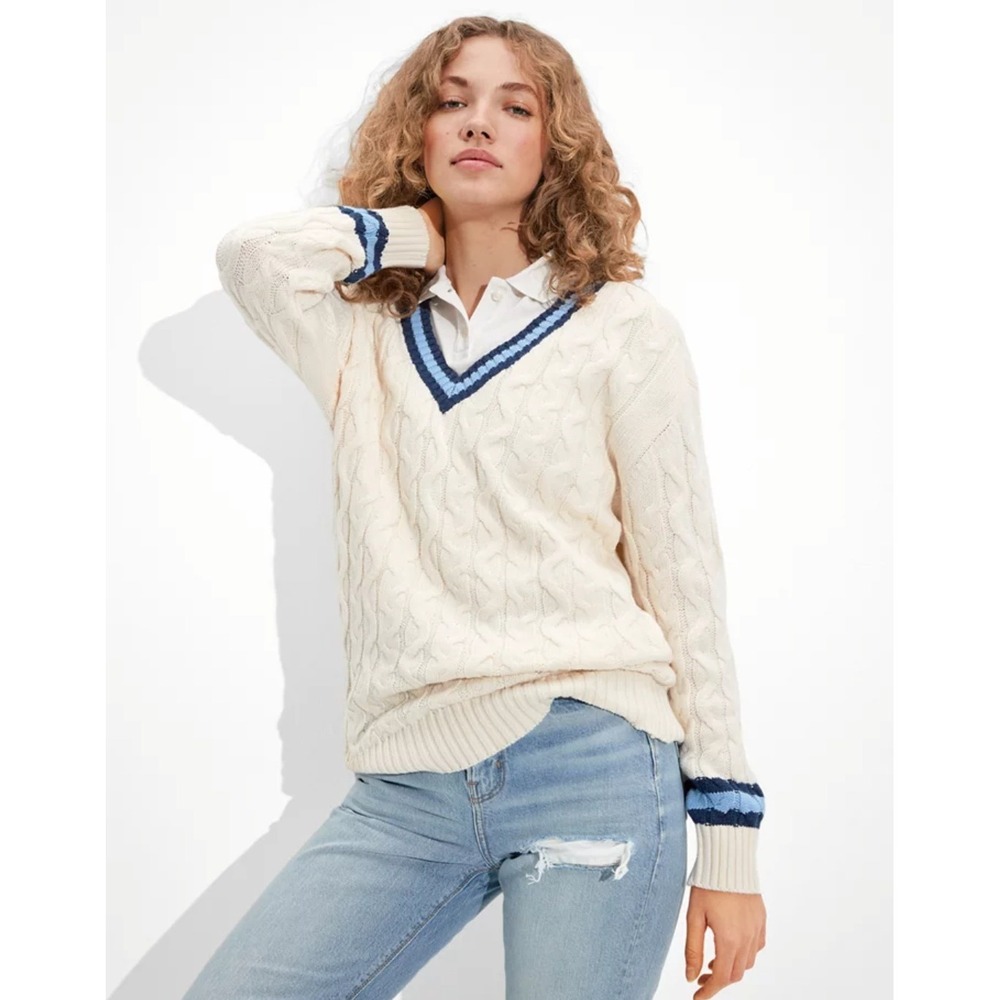 American Eagle Sweater Cream Cable Knit Varsity V-Neck‎ Striped Trim Size S